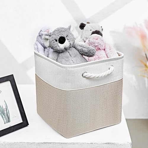 Fabric Storage Cubes 13 x 13, Collapsible Storage Bins for Shelf Baskets, Cube Storage Organizer White Beige Bins with Cotton Handles,Foldable Storage Bin box,Cube Storage Bin 6 Pack - Image 3