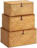 Nonam Large Wicker Basket with Lid,Seagrass Shelf Basket Set of 3,Nautral by Home