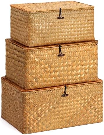 Nonam Large Wicker Basket with Lid,Seagrass Shelf Basket Set of 3,Nautral by Home