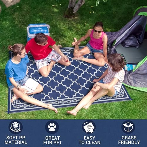 Outdoor Plastic Straw Rug 9x18 Large Floor Mat Vintage Trellis Waterproof Rug for Patio Reversible Outdoor Rugs for RV Beach Patio Camping Backyard Deck Picnic Dark Blue - Image 3