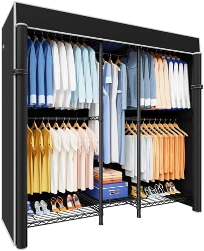Ulif E12C Heavy Duty Closet Organizer System，Freestanding Clothing Rack, Adjustable Garment Rack 57.1" W x 16" D x 76.5" H Holds 860 lbs, Black Clothing Rack with Black Dustproof Cover by Ulif
