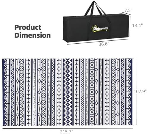 Outsunny Outdoor Rug for Patio Waterproof 9' x 18' Blue & White Geometric - Image 2