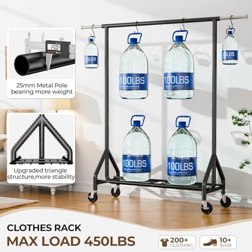 HYSEYY Heavy Duty Clothes Rack Load 450 LBS, Metal Garment Rack, Standing Rolling Clothing Rack for Hanging Clothes with Sturdy Wheels & Shelves, Portable Closet Wardrobe Rack,Black - Image 2