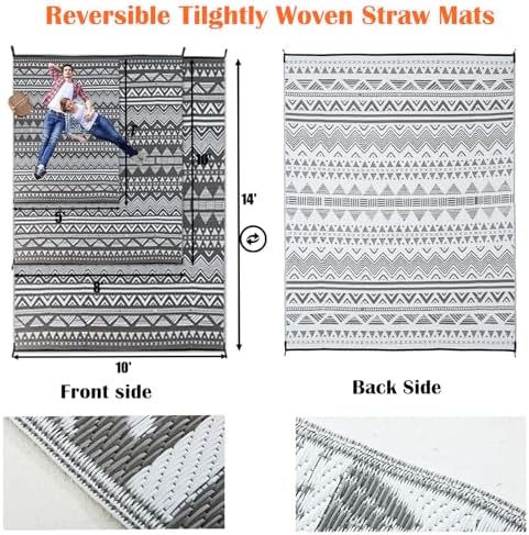 Large Rv Outdoor Rugs for Camping Outdoor Rug 10x14 Patio Waterproof 10x14 Plastic Patio Rug for Outside, Reversible Grey and White Boho Stripe Woven Mat for Deck, Porch, Camping, Balcony, RV, Yard - Image 3
