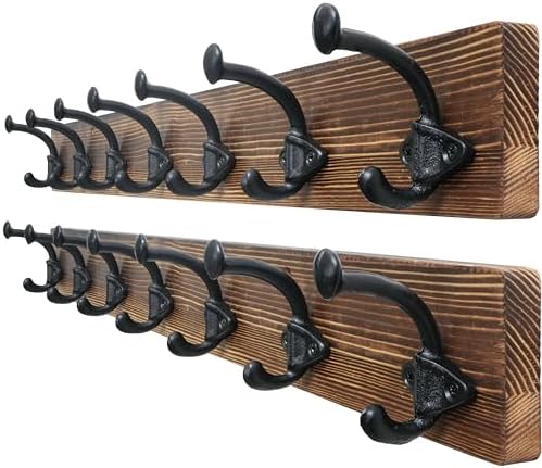 WEBI Rustic Coat Rack Wall Mount,30" Long 7 Cast Iron Coat Hooks Wall Mounted,Heavy Duty Farmhouse Wood Coat Hanger Wall Antique Vintage Hooks for Hanging Jacket,Clothes,Backpack,Brown,2 Packs by WEBI