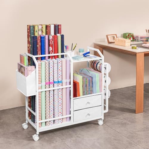 Aquzee Wrapping Paper Storage, Rolling Gift Wrap Station with Drawer - Image 2