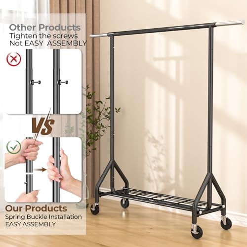 HYSEYY Heavy Duty Clothes Rack Load 450 LBS, Metal Garment Rack, Standing Rolling Clothing Rack for Hanging Clothes with Sturdy Wheels & Shelves, Portable Closet Wardrobe Rack,Black - Image 6