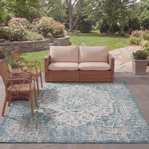SAFAVIEH Courtyard Collection 9' x 12' Teal / Cream CY8720 Indoor/ Outdoor Easy Cleaning Patio Backyard Mudroom Area Rug by Unknown