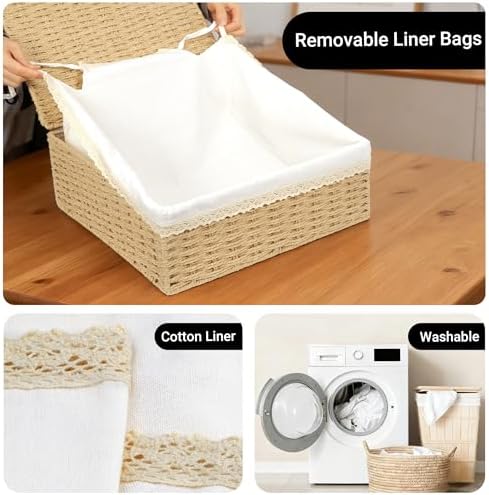 Nonam Rattan Divided Storage Basket with Lid, Set of 3, Natural - Image 3