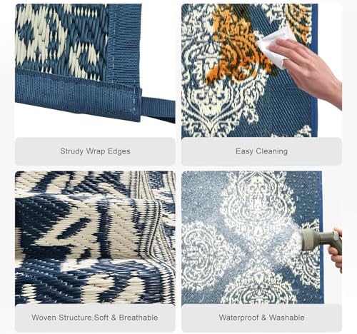 wikiwiki Outdoor Rug, 9x12ft Waterproof Reversible Mat Indoor Outdoor Rugs Carpet, Small Area Rug Plastic Straw Rug for Patio Deck Balcony Pool RV Camping Beach Picnic, Blue & Beige, Rugscape Series - Image 6
