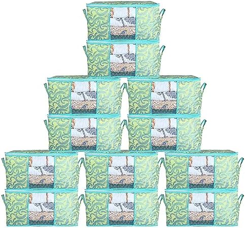 Kuber Industries Foldable Underbed Storage Bag|Organizer For Clothes Large|Non-Woven Comforter, Blanket Cover|Leaf Print & Side Handle|Pack of 12 (Green) by Kuber+Industries