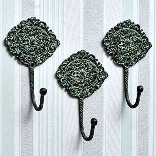 Indian Shelf Brass Antique Wall Hooks for Hanging Coat | Antique Hooks for Hanging | Unique Coat Hooks |Antique Brass Hooks | Antique Farmhouse Hooks | Green Hooks- 3 Pieces by IndianShelf