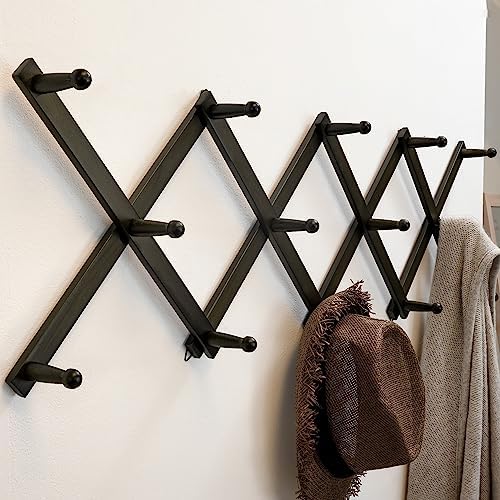 SKOLOO Hat Rack for Wall with 14 Hooks, Pack of 2, Solid Wooden, Modern, Expandable Coat Rack Wall Mount for Coats, Hats, Bags, Baseball Caps, Dark Walnut Color - Image 2