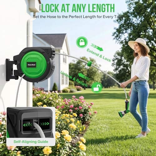 Retractable Garden Hose Reel, 5/8 in x 100 ft Heavy Duty Wall-Mounted Hose Reel with 180° Swivel Bracket, 10-Pattern Nozzle, Automatic Slow Rewind System, Any Length Lock for outside Watering,Cleaning - Image 4