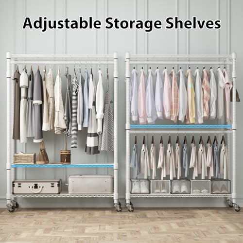 Homdox 3 Tier Heavy Duty Garment Rack with Wheels, Adjustable Wire Clothes Rack with Double Hanging Rods, Portable Closets for Hanging Clothes with Side Hooks, White - Image 4