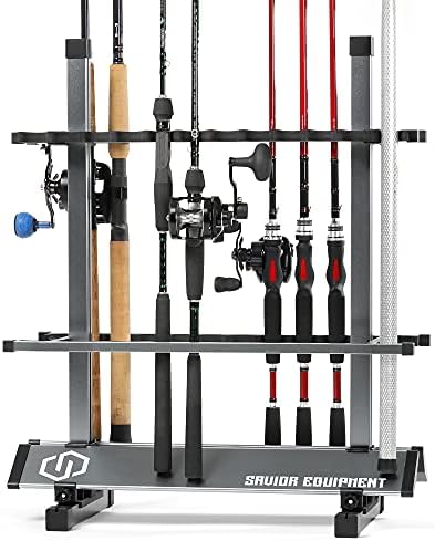 Savior Equipment Fishing Rod Rack Holder Organizer, 24-48 Slots to Hold Fresh Salt Water Spinning Rods & Reel Combo, Lightweight Aluminum Vertical Fish Pole Garage Storage Ground Display Stand by SaviorEquipment