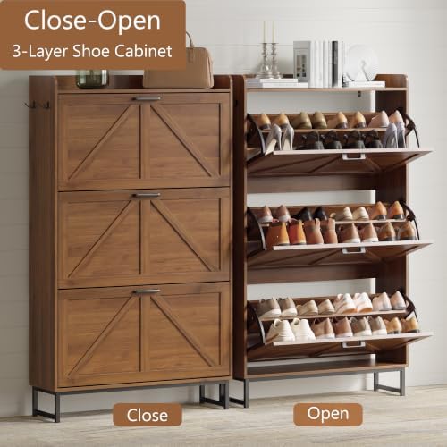 Xixini Shoe Storage Cabinet with 3 Flip Drawers, Entryway Shoe Rack, Walnut - Image 3