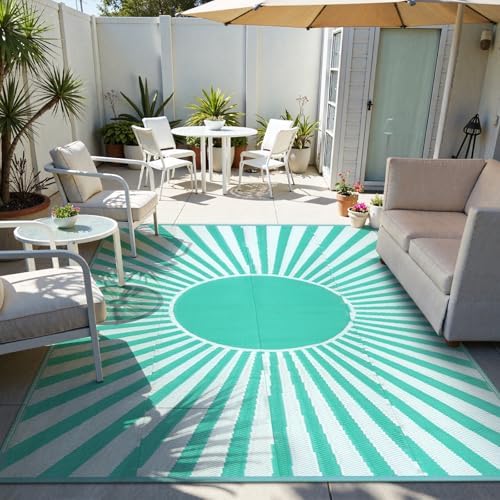 Wonnitar Waterproof 9x12 Outdoor Camping Rug - Large Plastic Straw Patio Rugs Clearance, Lightweight Reversible Outside Carpet for RV, Deck, Picnic, Beach, Balcony (Blue-Green, 9'x12') - Image 6