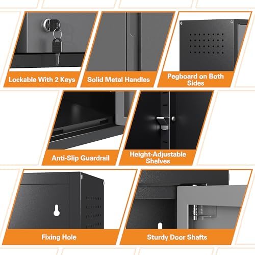 Metal Garage Wall Cabinet with 2 Doors and 1 Adjustable Shelf,Lockable Floating Tool Cabinet with Pegboard,Steel Storage Cabinet for Kitchen,Office,Garage,Laundry,Warehouse(Black&Gray, 26"H) - Image 3
