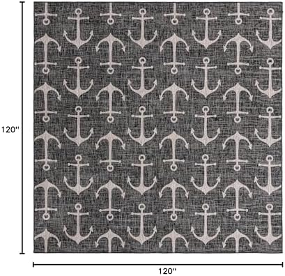 Unique Loom Outdoor Coastal Collection Area Rug - Ahoy (10'Square, Charcoal/ Ivory) - Image 2