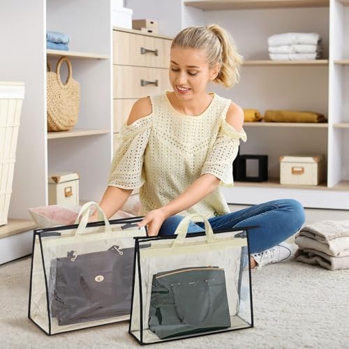 12 Packs Dust Bags for Handbags, Clear Handbag Storage, Purse Storage Organizer for Closet, Purse Cover Hanging Closet Organizer with Zipper and Handles - Image 3