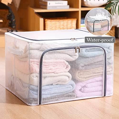 110L Large Foldable Storage Bins Organizer with Durable Handles, Metal Frame, for Clothing | Bed Sheets | Blanket | Comforters | Pillows | Toys, 3 Pack, Clear & Gray Zipper - Image 2