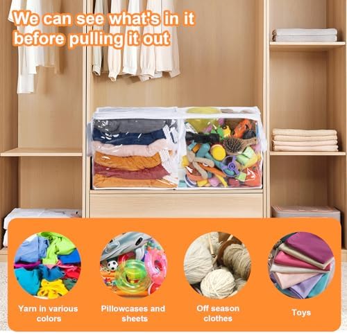 12 PCS Clear Plastic Organizers 12''x12''x12'' Blanket Storage Bags with Zipper Storage Cube Tote with Reinforced Handles for Clothes Moving Supplies Linens Shoes Closet Toys Organizers - Image 4