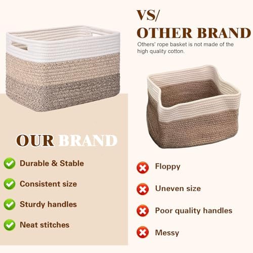 Storage Baskets for Organizing, 4 Pack Baskets for Shelves, Decorative Storage Bins for Shelves, Cotton Rope Storage Basket with Handles, Woven Basket for Storage, 13''Lx8.7''Wx7.9''H, Gradient Brown - Image 4