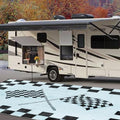 EEZ RV Products 9'x18'cf Heavy Duty Reversible/Durable Outdoor RVing/Boondocking Mats (9ft x18ft Black & White Checker Flag) Come with Large Storage Bag & 6 Sets of Stakes and Washer by EEZRVProducts
