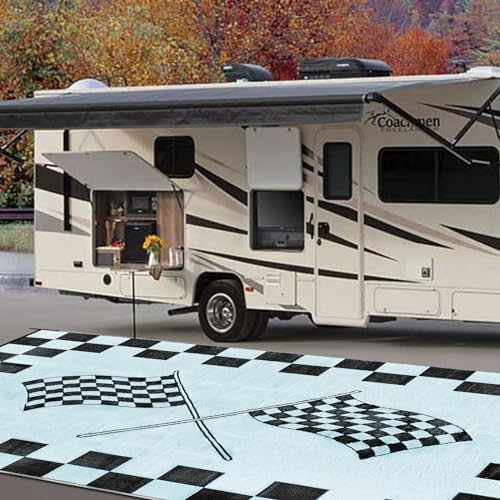 EEZ RV Products 9'x18'cf Heavy Duty Reversible/Durable Outdoor RVing/Boondocking Mats (9ft x18ft Black & White Checker Flag) Come with Large Storage Bag & 6 Sets of Stakes and Washer by EEZRVProducts