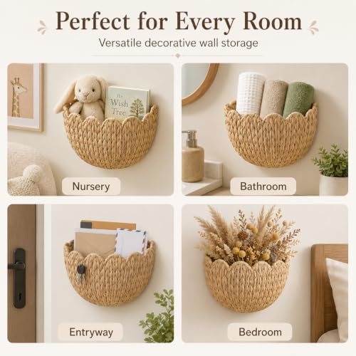 Scalloped Hanging Wicker Baskets for Wall, Scalloped Home Decor, Hanging Woven Rattan Basket for Flowers Front Door Bathroom Storage (Water Hyacinth-Set of 2) - Image 5