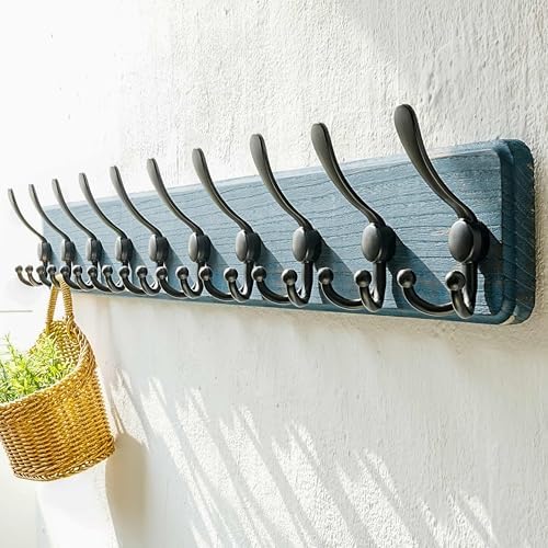 Dseap Coat Rack Wall - Heavy-duty 38-1/4" Long, with Reinforced 10 Custom Tri-Hooks, Solid Wood Wall Hanger for Coats Hat Jackets - Rustic Farmhouse Entryway Storage, Weathered Blue & Black, Pack of 2 - Image 6