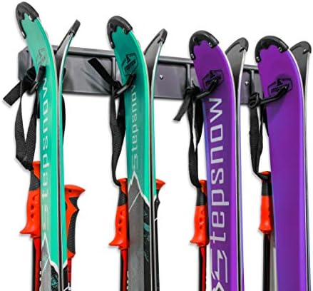 RaxGo Ski Storage Rack, Wall Mounted, Holds 4 Pairs of Skis & Skiing Poles or Snowboard for Home and Garage Storage, Heavy Duty and Rubber-Coated Hooks by RaxGo