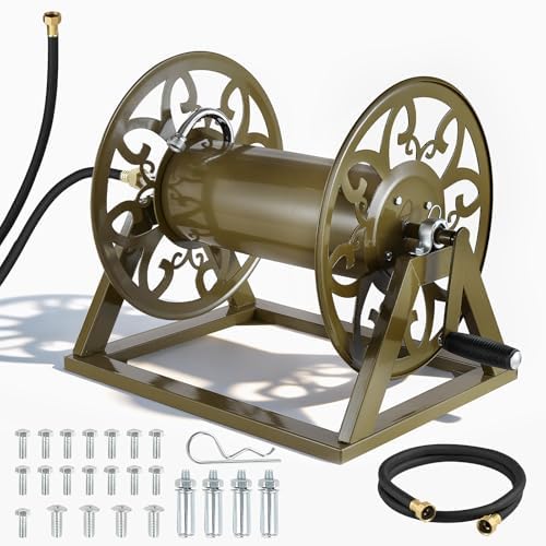 VEVOR Wall Mounted Garden Hose Reel, Holds 200 Feet of 5/8-inch Hose, Outdoor Heavy-Duty Waterhose Holder Winder, with Brass Connector, Decorative Pattern, Bronze Finish, for Backyards and Gardens by VEVOR