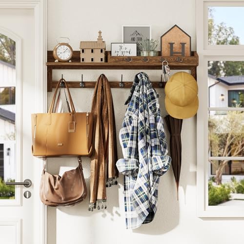 AMBIRD Coat Rack Wall Mount, 35 inch Large Wall Hooks with Shelf, Entryway Shelf with 7 Dual Coat Hooks 4 Key Hooks Mail Organizer, Wooden Coat Hanger and Key Holder Wall Mount - Image 4