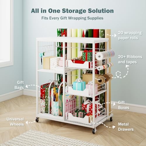 LUCKUP Rolling Wrapping Paper Organizer Cart – Gift Wrap Storage with Wheels, 20 Roll Holders, 3 Drawers & Ribbon Dispenser, Craft Organizer for Christmas, Birthdays, White - Image 3