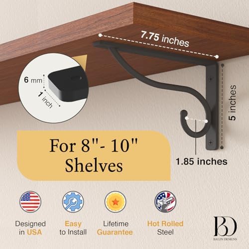 Closet Rod Bracket, 8 Inch Hook Shelf Brackets Heavy Duty Wall Mounted, Black Closet Rod Support Brackets for Curtains, Hanging Hook Kitchen, Garage Shelf Supports (4 Pack) (Black, 8 Inch) - Image 2