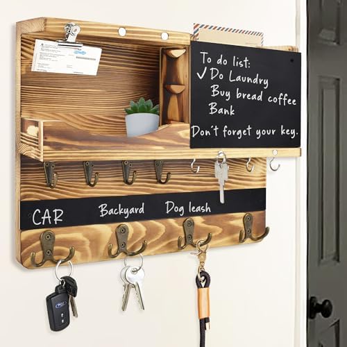 Key Holder Wall Mount with Shelf, Key Hooks for Wall, Wood Color by HEKOOLA