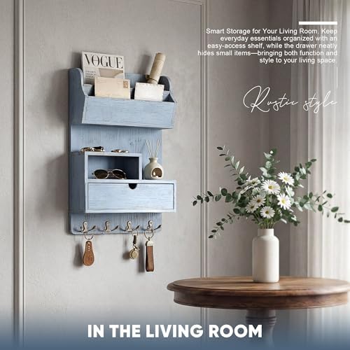 Rebee Vision Pine Wood Key Holder Wall Mount with Shelf & Drawer, Blue - Image 4