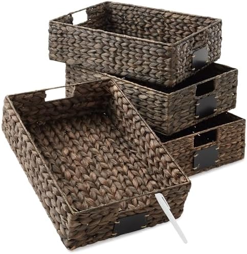 Casafield Set of 4 Water Hyacinth Pantry Baskets, 12-1/2" x 17" x 5", with Chalkboard Labels and Chalk Marker - Espresso, Woven Storage Bin Organizers for Kitchen Shelves by Casafield