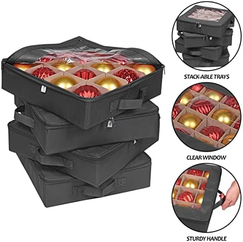 ProPik 4 Pcs Christmas Ornament Storage Boxes with Dividers | 4 Individual Trays Hold 64 Holiday Decoration Balls | Durable Ornaments Organizer Storage Box | Zippered Closure with Handles (Black) - Image 4