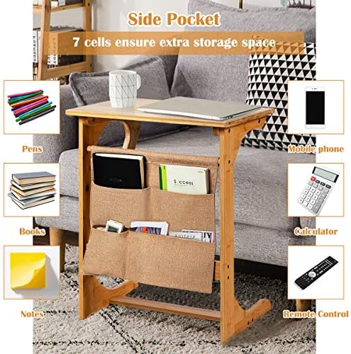 Tangkula Bamboo TV Tray Table for Living Room, Sofa Side Table, Snack End Table w/Storage Bag, C-Shaped Bed Side Table, Multifunctional Bedside Table for Home, Office - Image 6