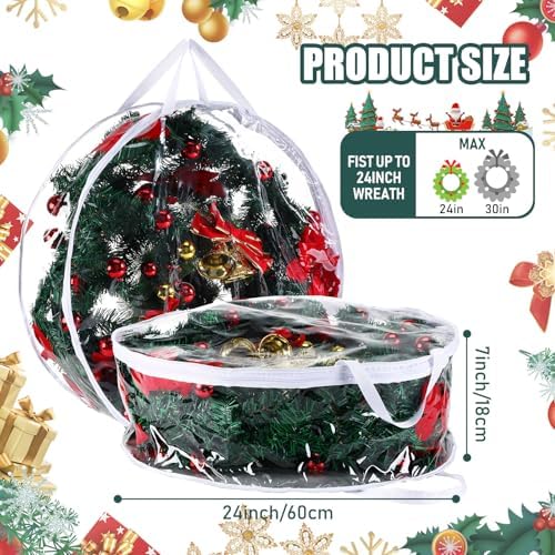 Zhengmy 15 Pcs 24 Inch Christmas Wreath Storage Bags Transparent Wreath Storage Container Bulk Wreaths Box with Dual Zippers and Handles for Xmas Holiday Wreaths Garland - Image 2