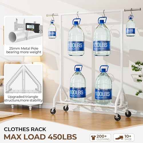 HYSEYY Heavy Duty Clothes Rack Load 450 LBS, Metal Garment Rack, Standing Rolling Clothing Rack for Hanging Clothes with Sturdy Wheels & Shelves, Portable Closet Wardrobe Rack,White - Image 2