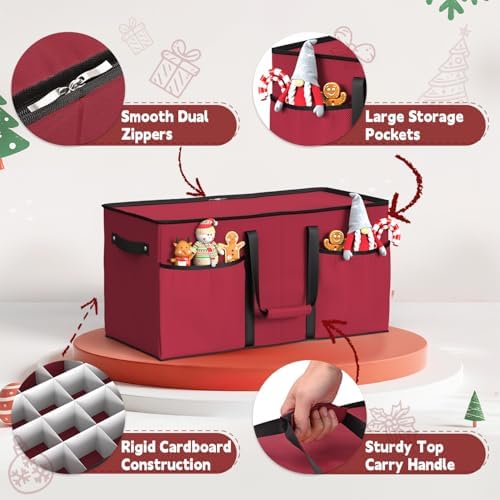 Sunvigor Christmas Ornament Storage Box with 8 Trays, Fits 128 Holiday Ornament Christmas Storage Container with Adjustable Dividers, Dual Zippers, 600D Oxford Christmas Decorations Storage(Rose Red) - Image 3