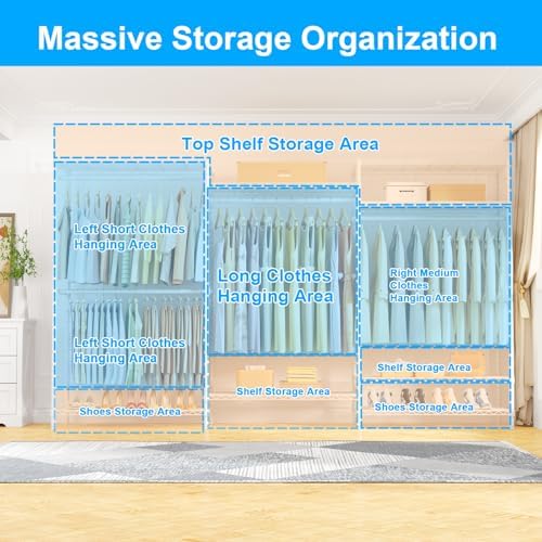 Ulif E13 Max Heavy Duty Clothes Rack（With 4 Hanger Rods & 8 Shelves） Freestanding Clothing Racks for Hanging Clothes，Adjustable Closet，Metal Garment Rack 86" W x16 D x77 H，Max Load 1100LBS，White - Image 3