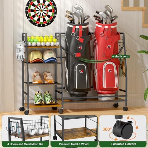 DAOUTIME Golf Bag Storage Rack for Garage with Wheels, Organizer for Golf Bag and Equipment Accessories, Golf Organizer Stand Ideal for Home, Garage, Club, Shed, Basement - Sturdy and Durable (Black) - Image 4