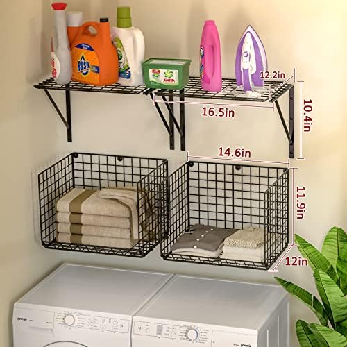 3IngSeagulls 2 Pack Laundry Room Shelves, Wire Baskets with 8 Hooks, Over Washer and Dryer Shelf, Wall Mounted Storage and Clothes Drying Rack, Black - Image 3