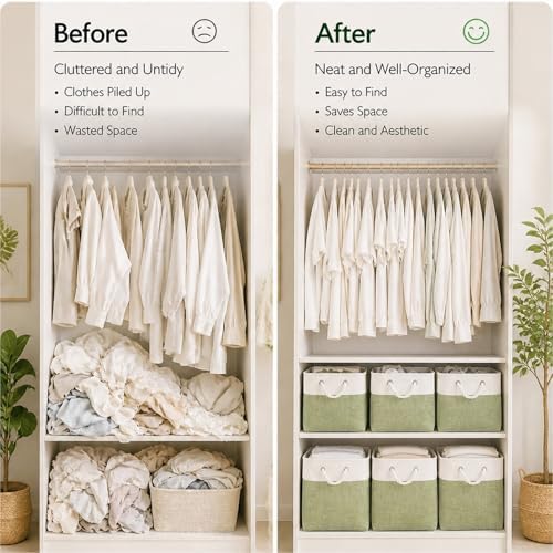 Fabric Storage Cubes 13 x 13, Collapsible Storage Bins for Shelf Baskets, Cube Storage Organizer White Green Bins with Cotton Handles, Foldable Storage Bin box, Cube Storage Bin 6 Pack - Image 6
