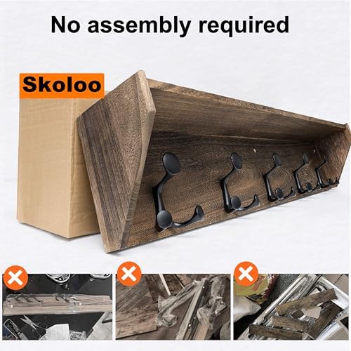 SKOLOO Wall Shelf with Hooks, 35-Inch Weathered Brown Wall Mounted Coat Rack with Shelf Organizer - Lightweight & Sturdy​​, 5 Tri Hooks - Perfect for Entryway, Hallway, Living Room, Bedroom, Mudroom - Image 3